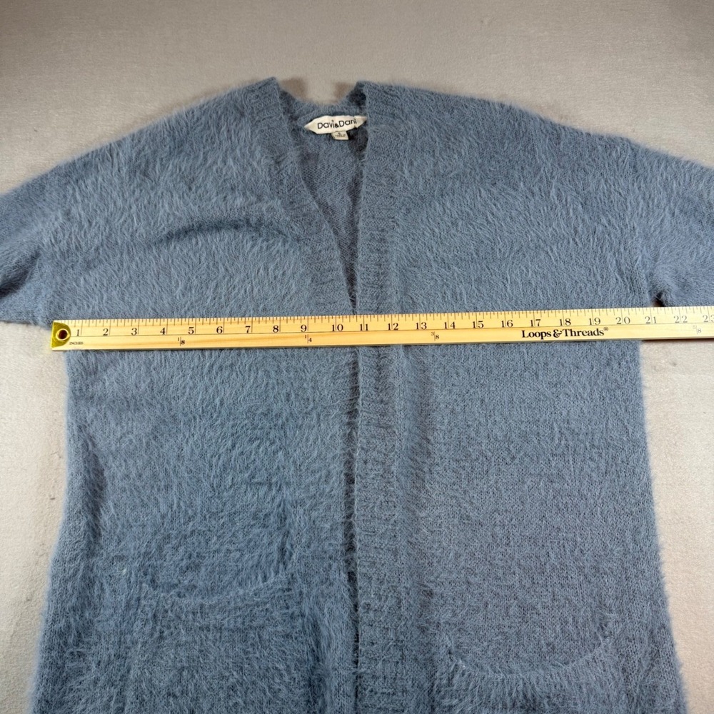 Davi & Dani Dusty Blue Fuzzy Eyelash Knit Open Front Cardigan with Pockets - Picture 6 of 6